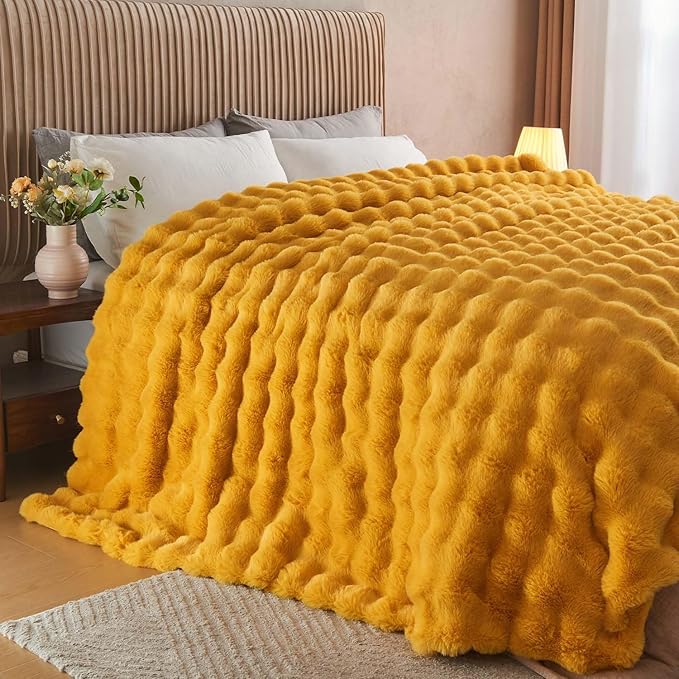 Lotus Karen Faux Fur Throw Blanket Ginger Yellow - Big Bubble Rabbit Fluff Blanket for Couch Bed Sofa,Softest Fluffy Fuzzy Cozy Blanket,Thick Furry Plush Shaggy Warm Blankets for Women,50x60 Inches