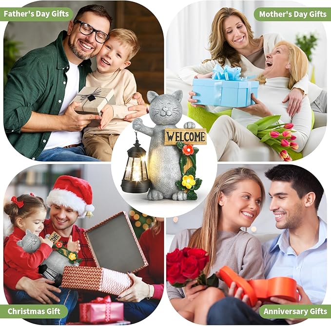 Json Garden Statue Solar Cat Figurine with Lantern, Solar Garden Decorations Statues for Patio, Balcony, Yard Ornament, Unique House Warming Gifts Figurine Lights, Gifts for Women, Mom