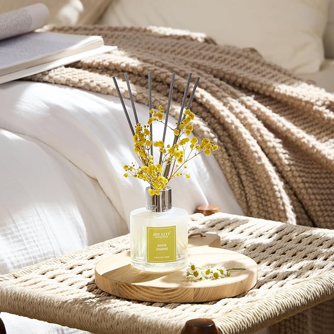 Airkeep Reed Diffuser Set,3.38 fl oz (100 ml) - White Jasmine Oil Diffusers with 8 Reed Sticks, Home Fragrance Reed Diffuser for Bathroom Shelf Decor