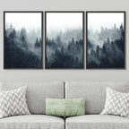 SIGNWIN Framed Canvas Print Wall Art Woodland Nursery Decor Set Misty Mountain Range Pine Tree Forest Nature Realism Decorative Rustic for Living Room, Bedroom, Office - 24"x36"x3 Black