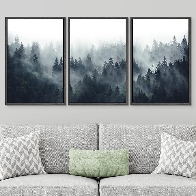 SIGNWIN Framed Canvas Print Wall Art Woodland Nursery Decor Set Misty Mountain Range Pine Tree Forest Nature Realism Decorative Rustic for Living Room, Bedroom, Office - 24"x36"x3 Black