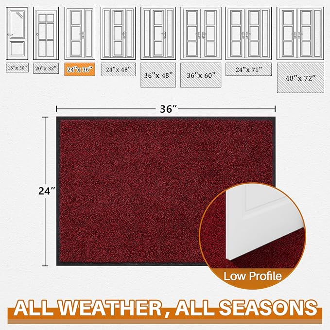 Mibao Front Door Mat, Dirt Trapper Welcome Mat for Outdoor Indoor, Non-Slip Waterproof Doormat, Durable Machine Washable Low Profile Entry Rug for Back Door Outside Patio Porch, 36" x 24", Red
