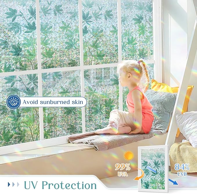 Haton Window Privacy Film, Decorative Stained Glass Window Clings, 3D UV Sun Blocking Sticker, Removable Static Cling Heat Control Tint for Home Door, Leaf Rainbow, 35.4" x 157.4" Non-Adhesive