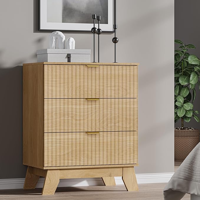 Fluted 3 Drawer Dresser, 30.3" Tall Compact Modern Boho Chest of Drawers, Wooden Storage Cabinet for Bedroom, Living Room, Entryway, Curved Profile Design