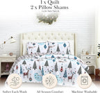 Southshore Fine Living, Inc. Full/Queen Size Christmas Quilt Set w/2 Pillow Shams, Holiday Bedding Set, 3-Piece Reversible Quilt Set, Cute Trees & Reindeer Over Red Plaid Print
