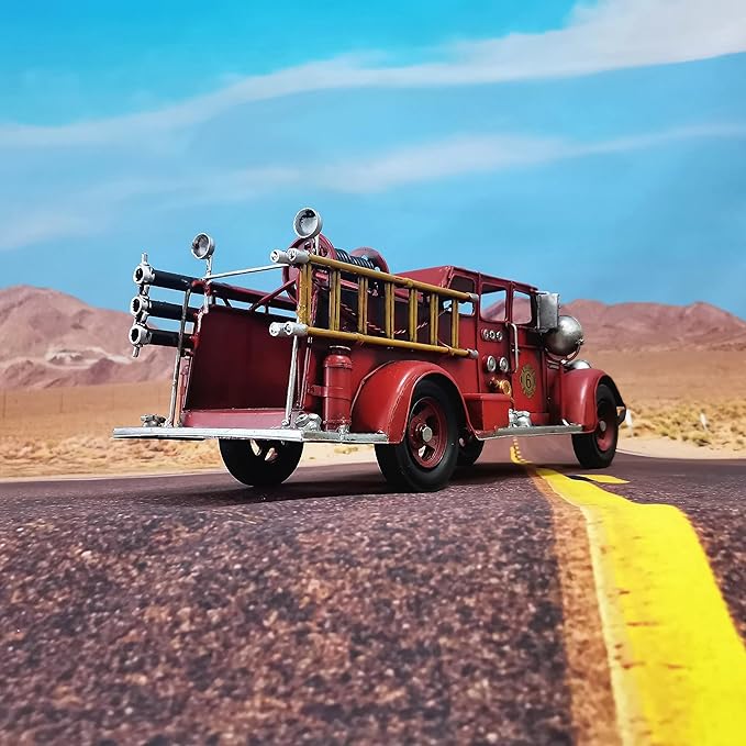 Retro Fire Truck Diecast Model - Metal Miniature Vehicles, Large Fire Fighting Truck Decor, 16.4'' Long