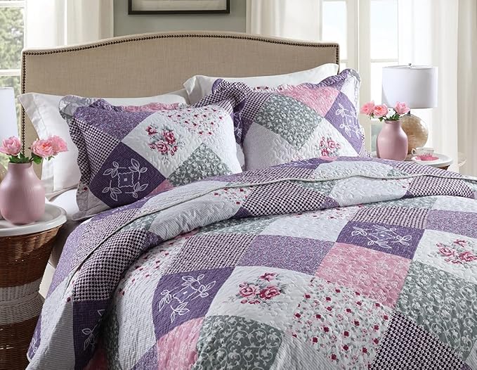 Travan Bedspread Quilt Set 3-Piece Lightweight Coverlet Set with Shams Reversible Quilted Bedding Set for All Season, Purple Floral, Queen Size