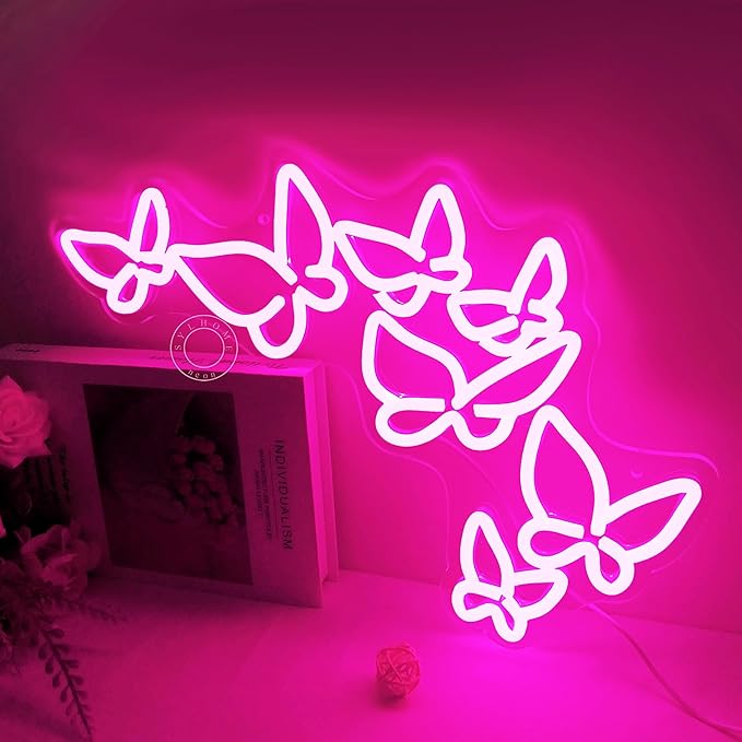 SYLHOME Pink Butterfly Led Neon Light Sign Girls Bedroom Kids Room Beauty Studio Living Room Wedding Birthday Christmas Party Light Up Sign 16.5" X 8.9" USB