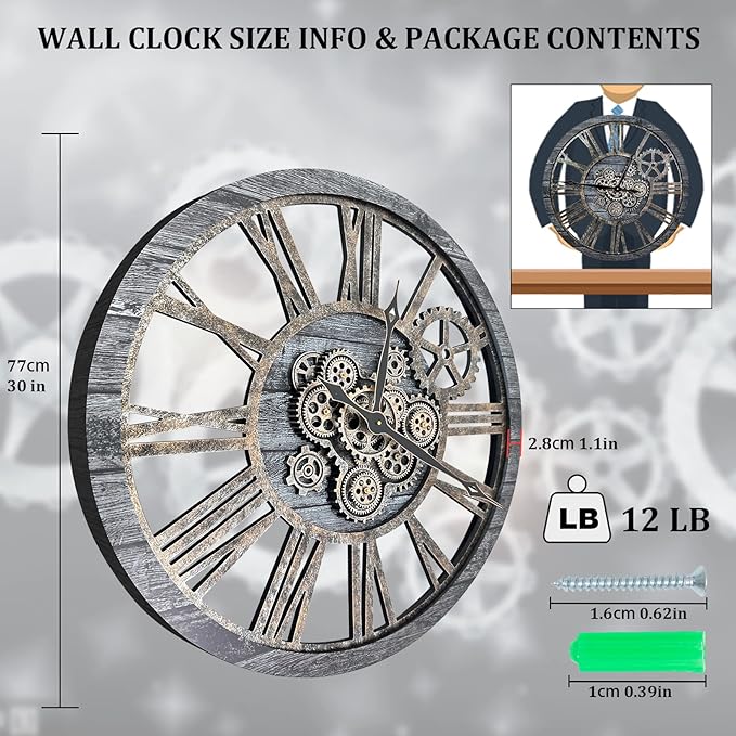 HOIBAI Large Wall Clock Oversized 30 Inch Clocks for Living Room Decor Wall Decor Farmhouse Vintage Rustic Industrial Roman Big Chic Home Decor Wall Clock for House Bedroom, Moving Gears Clock