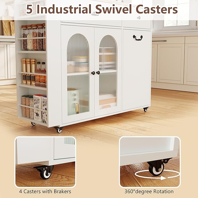 Kitchen Island with Drop Leaf & Power Outlet, Rolling Kitchen Island on Wheels with Trash Can Storage, Island Table Bar Cart with Spice Rack, Towel Rack, Drawers, Mobile Kitchen Carts on Wheels