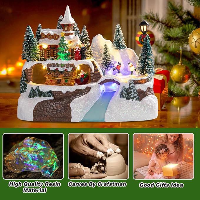 Vigdur Christmas Village Houses - Animated Christmas Village with Colorful Lights & 8 Xmas Music Battery Powered Xmas Collectible Buildings for Home Tabletop Gift