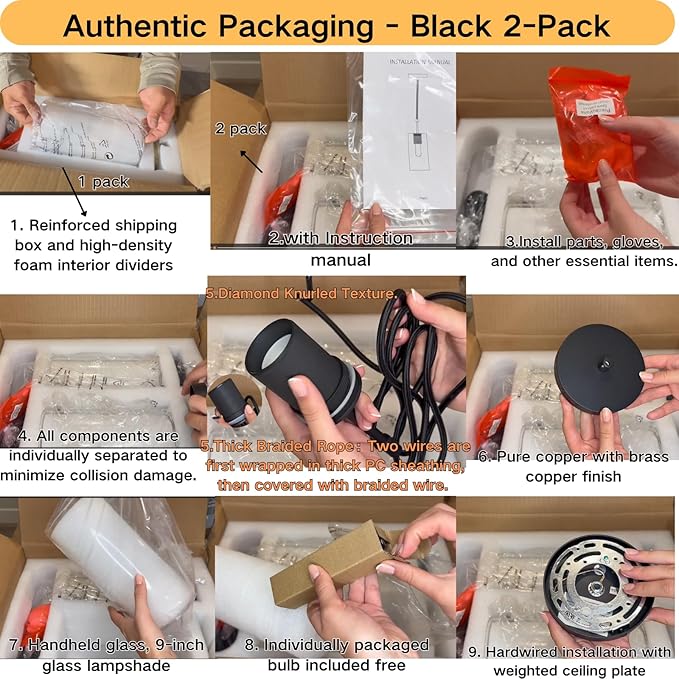 Modern Black Pendant Lights Kitchen Island Glass Pendant Light, 9.5'' Farmhouse Clear Glass Cylinder Pendant Light,Copper Kitchen Pendant Lighting Over Island Sink, E26 Bulb Included