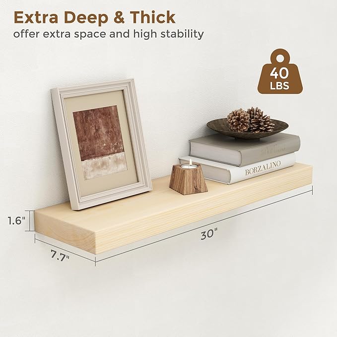 Marsmiles 30 Inch Floating Shelves for Wall - Natural Wood Floating Shelves Set of 2-30 Inch Wide x 7.7 Inch Deep x 1.6 Inch Thick Wooden Shelves for Room Wall