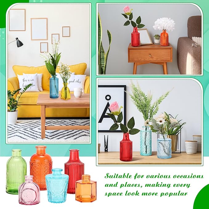 Yaomiao 60 Pcs Vases Bulk Colored Flower Glass Vases Bud Vintage Colored Glass Bottles Colorful Rustic Embossed for Home Wedding Table Decorations Gifts(Vivid Color)