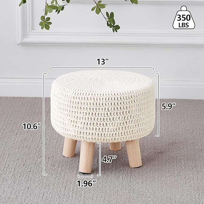 Wimarsbon Pouf Ottoman, 100% Cotton Knitted Boho Footstool, Round Footrest with Non-Skid Wood Legs, Home Décor Handmade Pouffe, Leisure Floor Step Stool for Living Room (Beige)