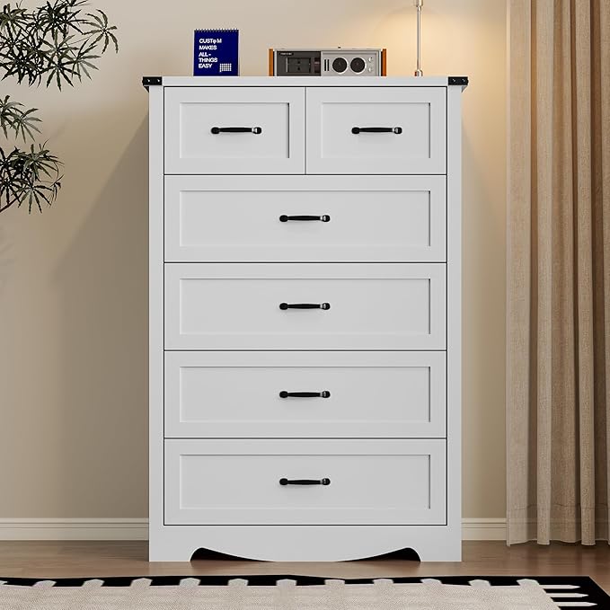 Tall 6-Drawer Dresser for Bedroom, Modern Wooden Chest of Drawers with Metal Handles, Anti-Tipping Design, Sturdy and Stable Storage Organizer for Living Room, Entryway, Home Office, Standard