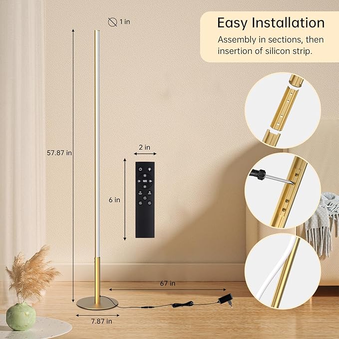 Marlrin Minimalist Corner Floor Lamp 2700K-6500K Dimmable with Remote Control 57.8" Height Metal Slim Ambient Standing LED Light Modern Design Decorative Lamp for Living Room Bedroom (Gold)