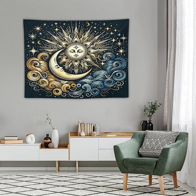 HZOHNAGO Sun Moon Tapestry Boho Golden Stars Pattern Printed Wall Tapestry Wall Hanging for Bedroom Living Room Dorm 40" W x 30" H