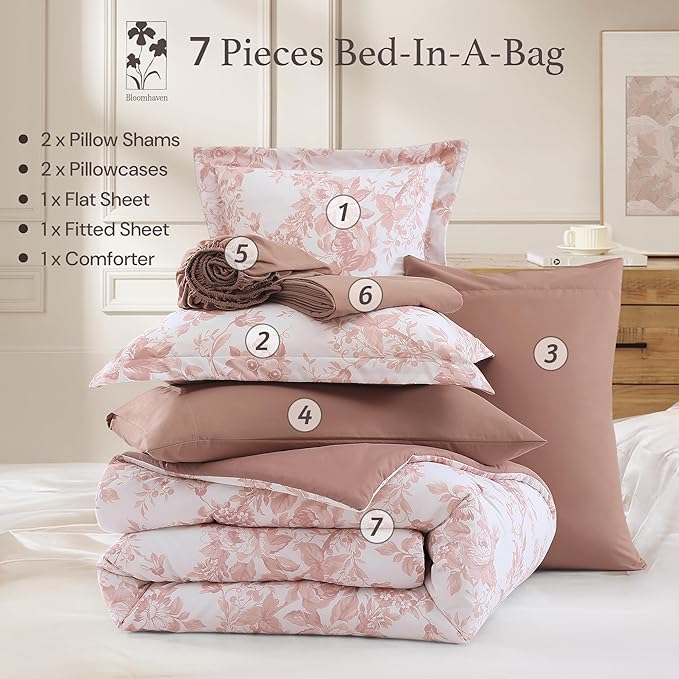 Full Comforter Set -7 Pieces Pink Floral Comforter Set for All Seasons, Bed in a Bag Full with Botanical Flowers Comforter, Sheets, Pillowcases & Shams