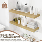 Fun Memories Floating Shelves for Wall 36 Inches, Wood Shelves with Invisible Bracket, 10" Deep Shelves Wall Mounted, Large Wood Floating Shelves for Living Room Bathroom, Oak, Set of 2