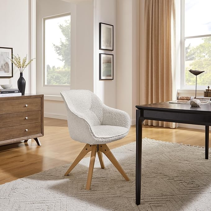 Art Leon Swivel Accent Chair - Mid Century Modern Desk Chair No Wheels, Boucle Fabric Upholstered Armchair with Natural Oak Wood Lges, White