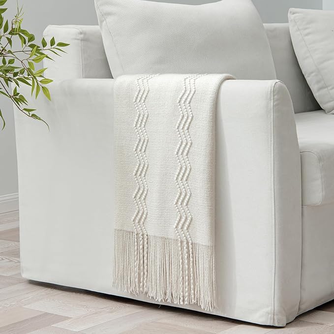MIULEE Off White Knitted Throw Blanket for Couch Textured Knit Blanket with Tassels Cozy Woven Boho Bed Blanket for Sofa Bed Chair Acrylic Wave Pattern 50"x60"