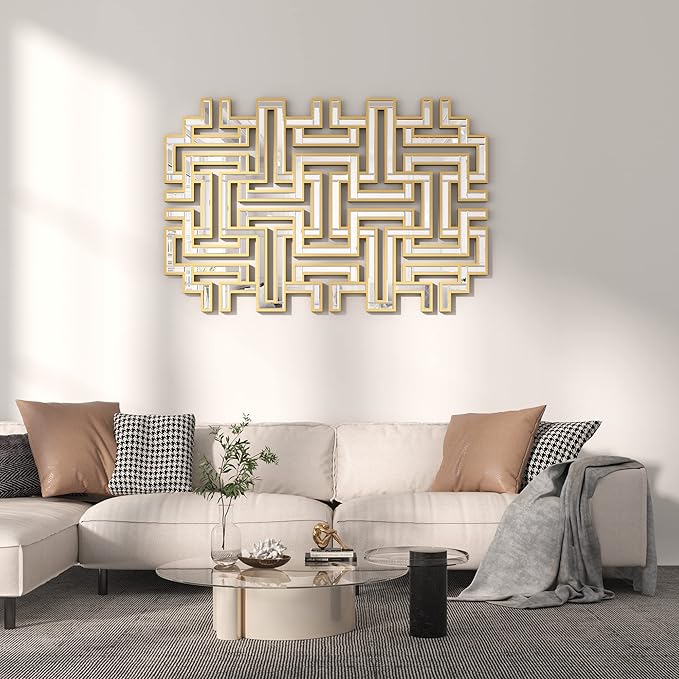 KOHROS Large Modern Gold Wall Mirror - 46.5"x30" Geometric Maze Design Decorative Mirror for Home Decor Living Room Entryway Hallway Farmhouse, Mirrors for Wall Decor