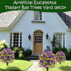 22.8" Set of 2 Fall Artificial Boxwood Topiary Ball with Spikes,UV Resistant Fake Outdoor shrubs with Violet Flowers, Faux Plants Bushes for Garden Front Porch Yard Patio Decor (Yellow+Purple)