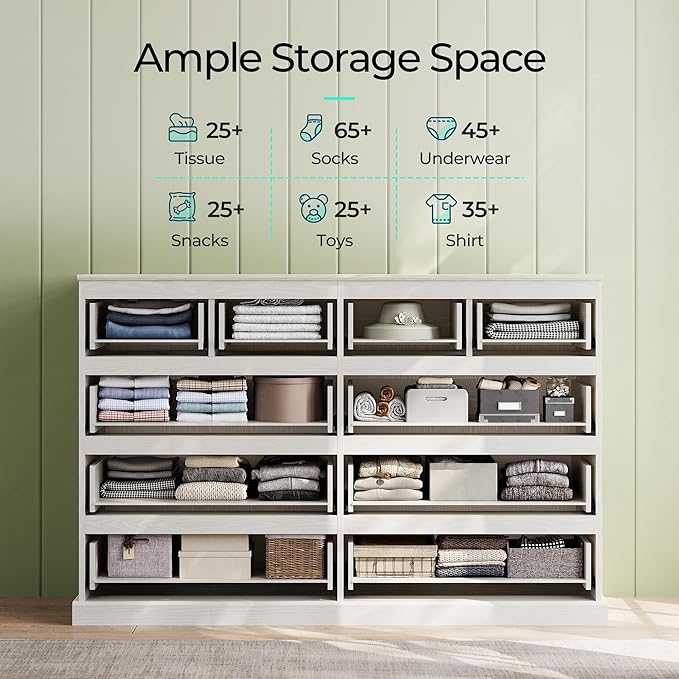 LINSY HOME 10 Drawer Dresser for Bedroom, 53" Wide Chest of Deep Drawers, Modern Farmhouse Wood Dressers with Storage, Large Drawer Organizer for Bedroom, Living Room, Handless Design, White