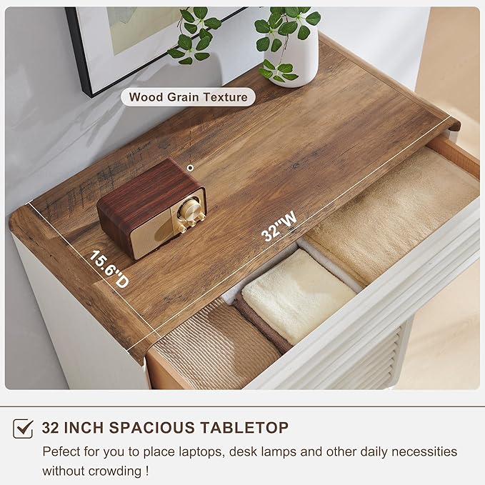 RedLemon 5 Drawers Dresser for Bedroom, 48'' Tall Mid Century Modern Wood Fluted Dresser, Chest of Drawers with Tapered Leg for Bedroom, Living Room, Hallway, Closet,Antuique White