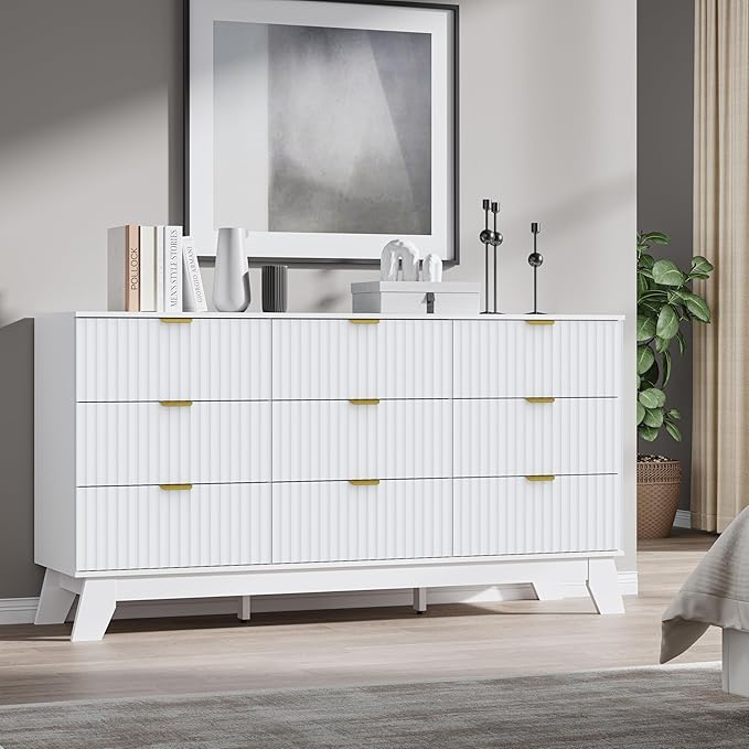 Fluted 9 Drawer Dresser, 57.1" Wide Modern Boho Chest of Drawers, Wooden Storage Dresser TV Stand for Bedroom, Living Room, Closet, Hallway, Curved Profile Design