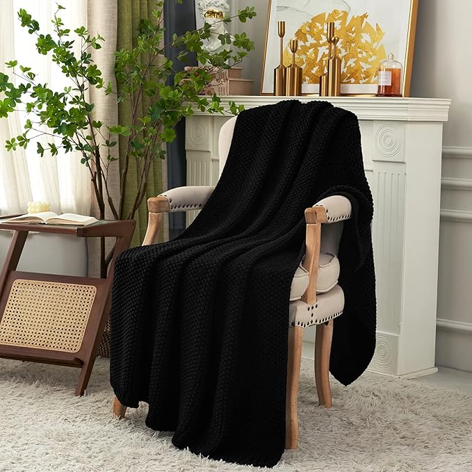 Longhui bedding Chunky Cable Knit Throw Blanket Lightweight Black 100% Organic Cotton Blanket for Sofa Couch Bed Baby Nursery, Rustic Shabby Chic Modern Farmhouse, 51” x 63” Give Laundering Bag