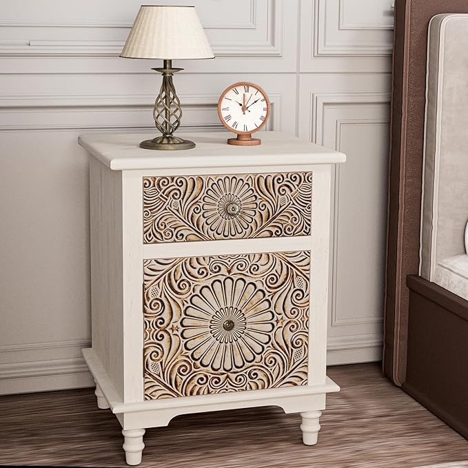 HOMPUS White Nightstand with Drawer & Storage, Fully-Assembled Flower Motif Night Stand for Small Spaces, 2 Drawer End Table with Storage for Living Room, Bedroom, Distress White
