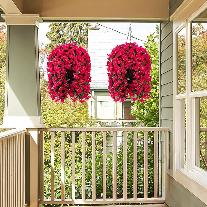 Artificial Bougainvillea Faux Flowers Plants Baskets for Outdoor Outside Summer Decoration, 3 PCS Fake Silk Long Hanging Vines UV Resistant Realistic for Front Door Porch Patio Balcony, Hotpink