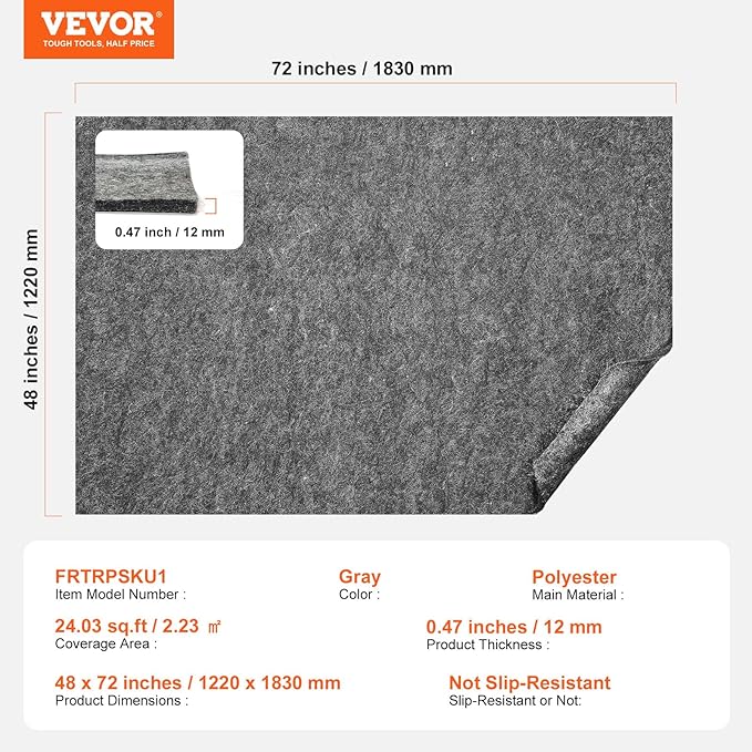 VEVOR Non-Slip Resistant Rug Pad, Protective Cushioning Carpet Pad, 2'x8' (7.875' Actual), 1/4" Thick, Dual Surface, Polyester Felt + Latex, 1-2㎡ Area Carpet Padding Rug Cushion for All Floors, Gray