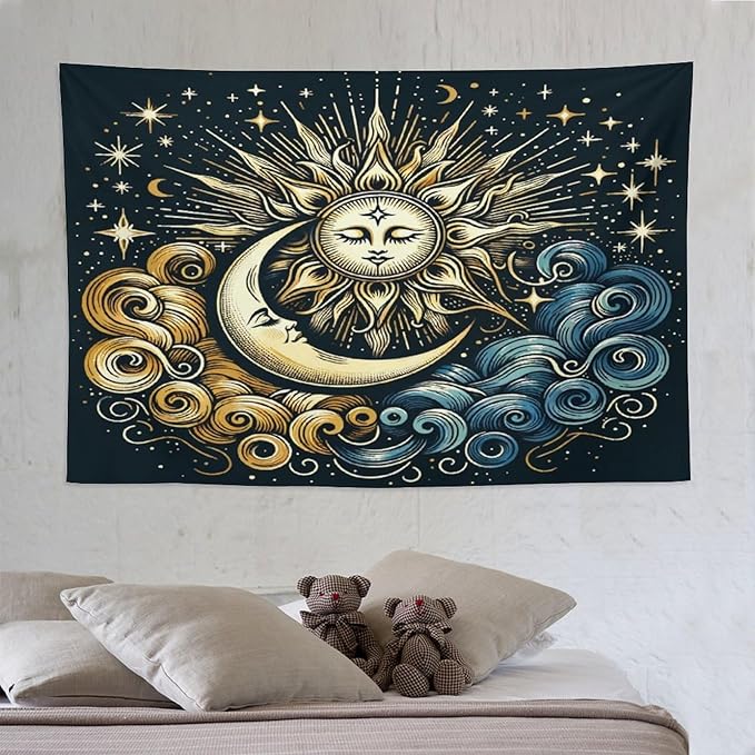 HZOHNAGO Sun Moon Tapestry Boho Golden Stars Pattern Printed Wall Tapestry Wall Hanging for Bedroom Living Room Dorm 90" W x 60" H