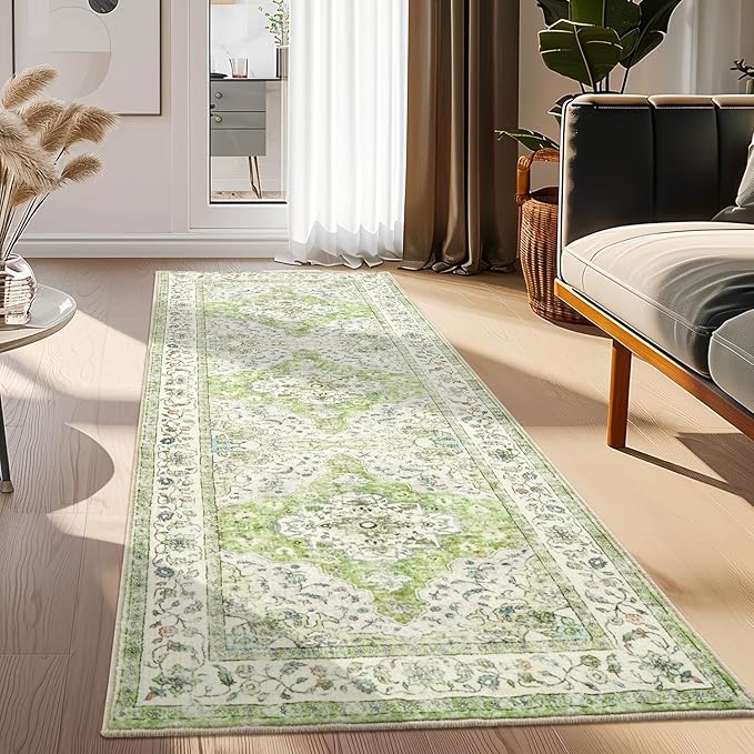 Topllen Runner Rug - 2'x6' Boho Washable Kitchen Rug, Non-Slip Soft Low Pile Rugs Indoor for Entrance Living Room Bedroom Bathroom,Vintage Throw Hallway Carpet Stain Resistance (Green, 2x6ft)