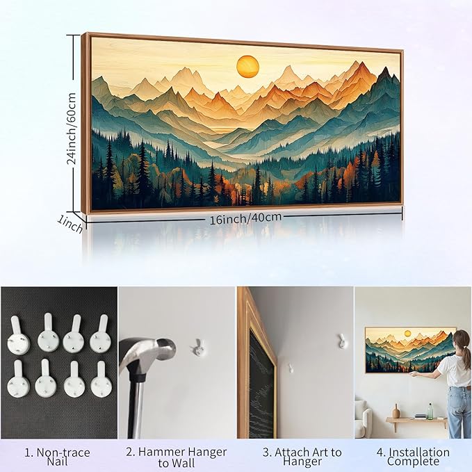 Tinonedraw Large Mountain Framed Canvas Wall Art, Boho Nature Forest Wall Decor, Neutral Wooden Pine Trees Artwork, Sunrise Ridge Landscape Art Printing for Living Room Bedroom Office 20"x40"