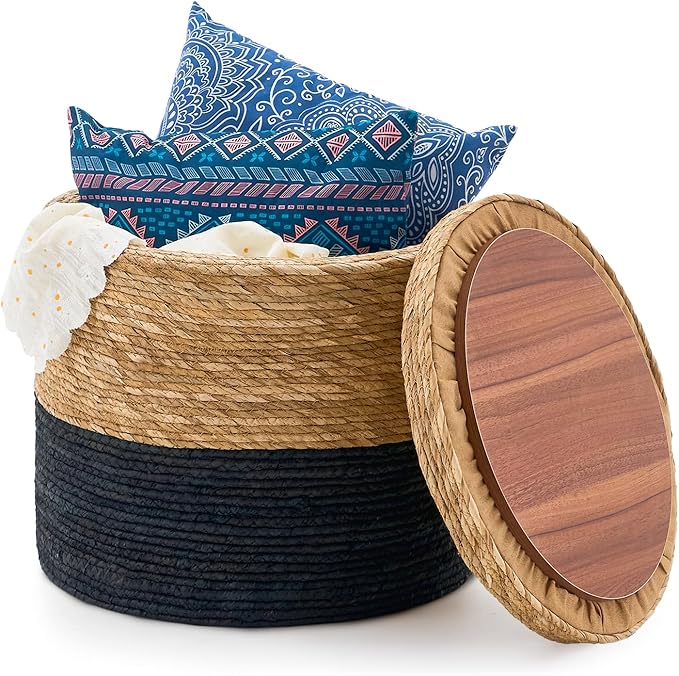 Wimarsbon Storage Pouf Ottoman, Hand Weaving Natural Straw Foot Stool, Bohemian Round Patio Ottomans, Rustic Lounge Pouffe, Outdoor Extra Seat for Garden