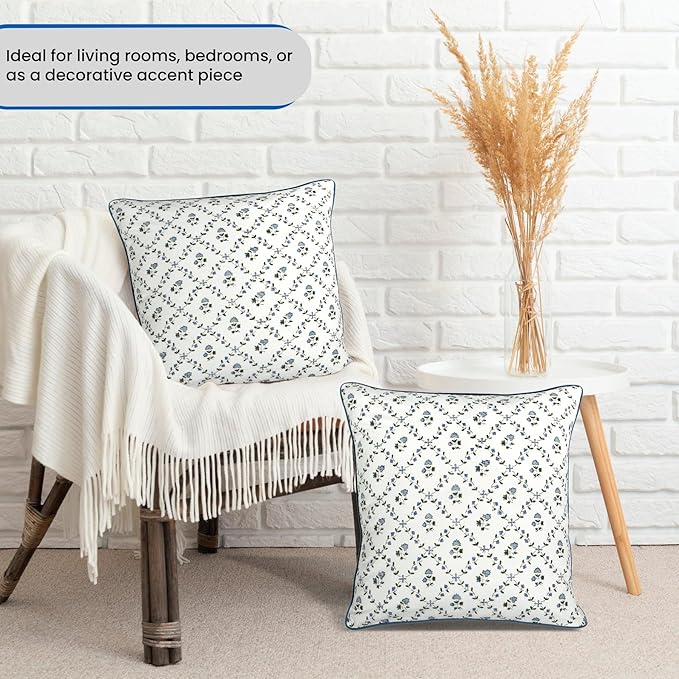 Ridhi Powder Blue Print Cotton Throw Pillow Covers for Decorative Couch Pillows for Living Room, Chic Boho Cute Outdoor Thanksgiving Ruffel Pillows Covers Gifts 16x16 Inches