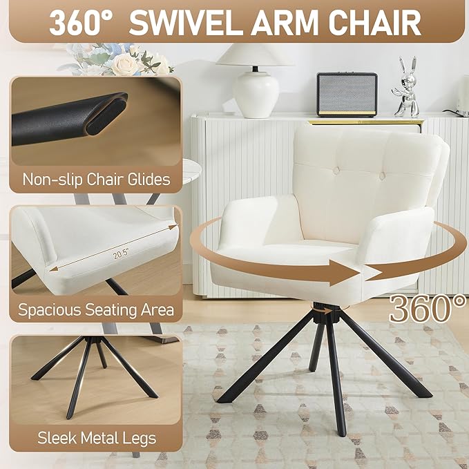 Fabric Dining Chair Modern Upholstered Swivel Dining Room Chairs Comfy Accent Armchair with Mid Back, Desk Arm Chair No Wheels for Kitchen/Living Room/Dining Room, White