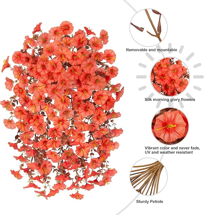 Ivydale 2 PCS Artificial Fall Hanging Flowers Fake Plants Outdoor,Silk Morning Glory Faux Flowers with Eucalyptus Leaves,UV Resistant Realistic Mums Plants for Home Garden Decor (Orange)