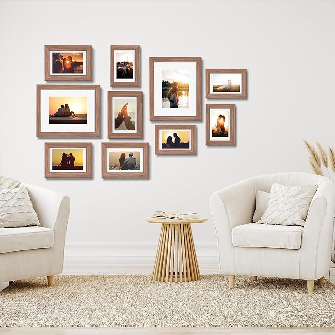 Picture Frame Set 10 Pack, Picture Frames Collage Wall Decor with Mat for Multiple Sizes Photos, Two 8x10, Four 5x7, Four 4x6, Photo Frames for Wall and Tabletop, Rusic Brown