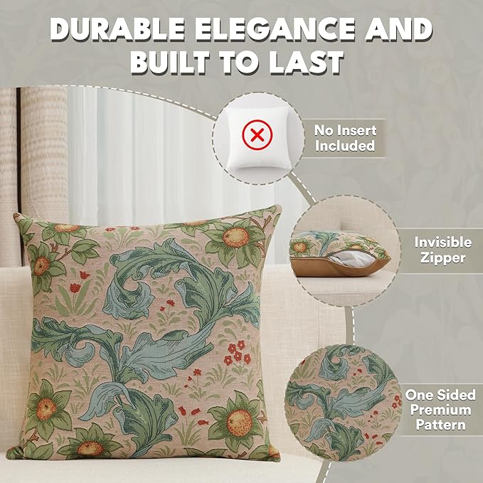 Charlotte Home Furnishings Decorative Tapestry Pillow Cover 19x19 in, Beige Arabesques Couch Pillow Cover, French Country Square Cushion Cases for Living Room Home Decor, Soft Cotton Jacquard Woven