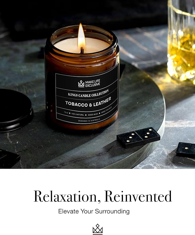Scented Candles for Men | Tobacco & Leather Scented | Wooden Wick, Long Lasting, Masculine Scents | Natural Soy Jar Candle for Home, Bacehlor Pad Decor | The Perfect Mens Gift