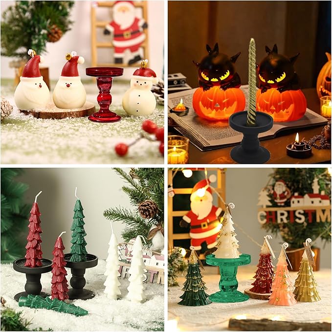 Green Glass Candle Holders Set of 3 Clear Candlestick Holders Vintage Candle Stands for Pillar Taper Candle Tealight Home Decor Table Centerpieces Christmas, Candleholder Sets with 4 Pcs Taper Candles