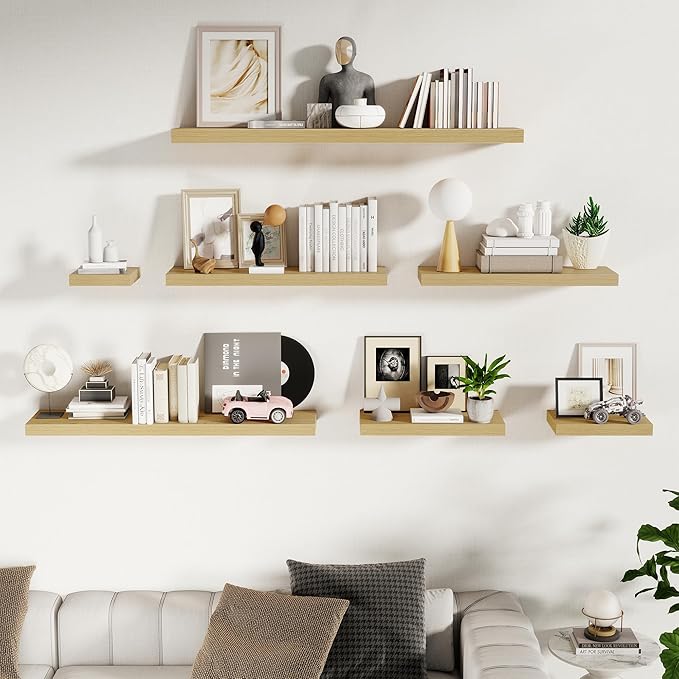 Fun Memories 24 Inch Floating Shelves Wall Mounted, 10 Inch Deep Wall Shelves, 24 x 10 Floating Shelf for Living Room Bathroom Bedroom, Oak, Set of 2