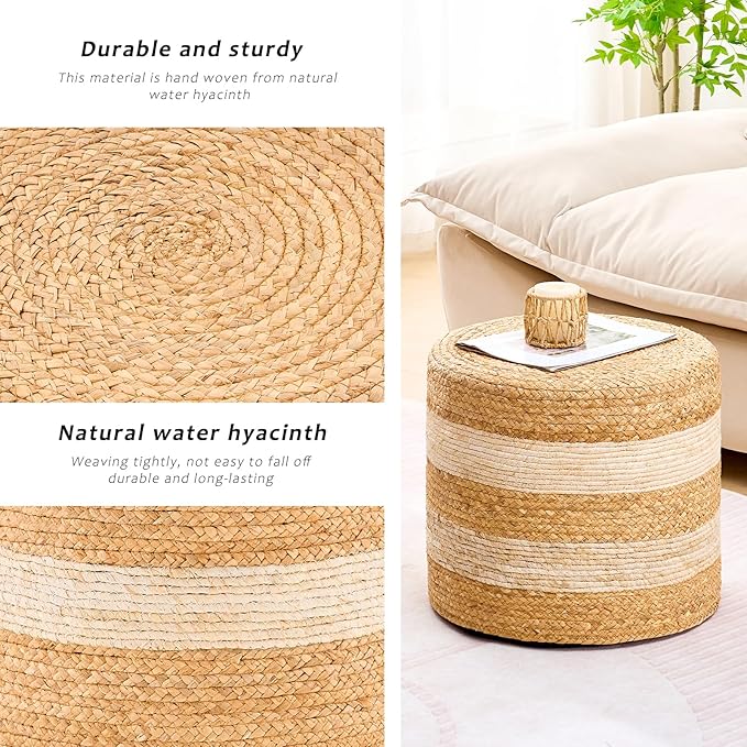 Handwoven Ottoman Pouf, Natural Water Hyacinth Footstool, Round Braided Outdoor Seat with Sturdy Frame, Boho Accent Stool for Patio, Balcony, or Garden (White)