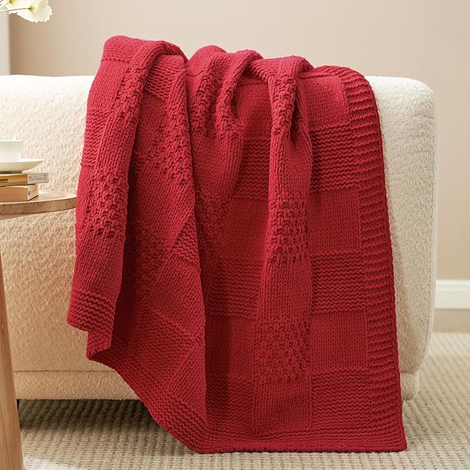 Amélie Home Chenille Knit Throw Blanket for Couch, Checkered Texture Decorative Soft Blanket for Sofa, Bed & Living Room, 50"x60", Red
