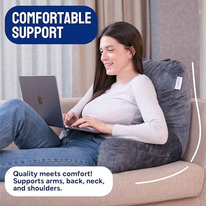ComfortSpa Reading Pillow for Bed Adult Size, Back Rest Pillow with Arms, Pockets and Washable Cover; Use as a Back Pillow for Bed Sitting Up for Bedrest or Relief from GERD Heartburn (X-Large Grey)